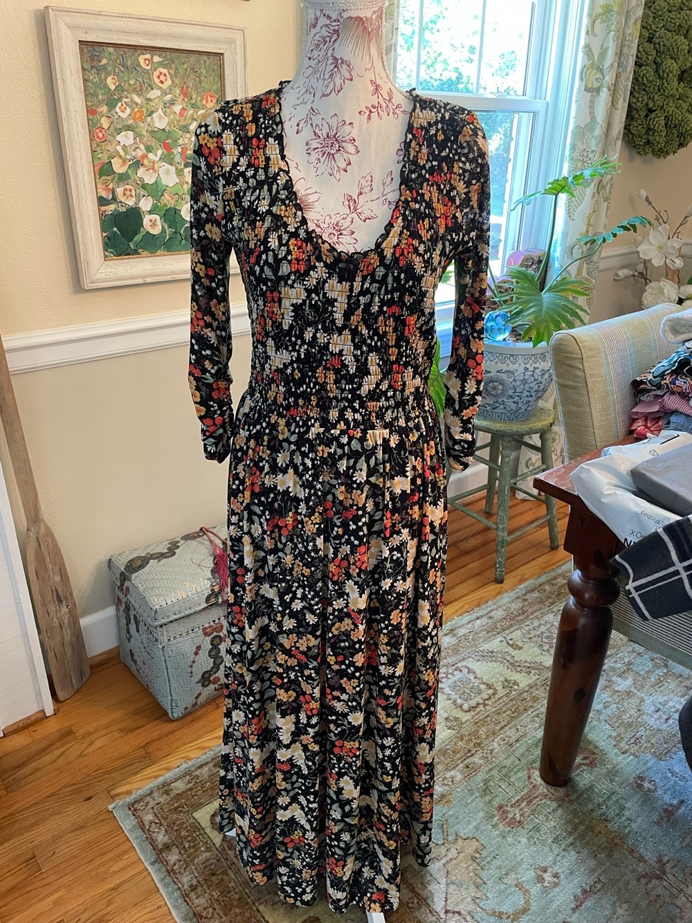 Anthropologie Mauve dress. Women's Black Floral Smocked Waist Maxi Dress